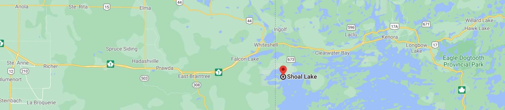 Pioneer Camp Manitoba's location indicated on a map. Links to Google maps directions.