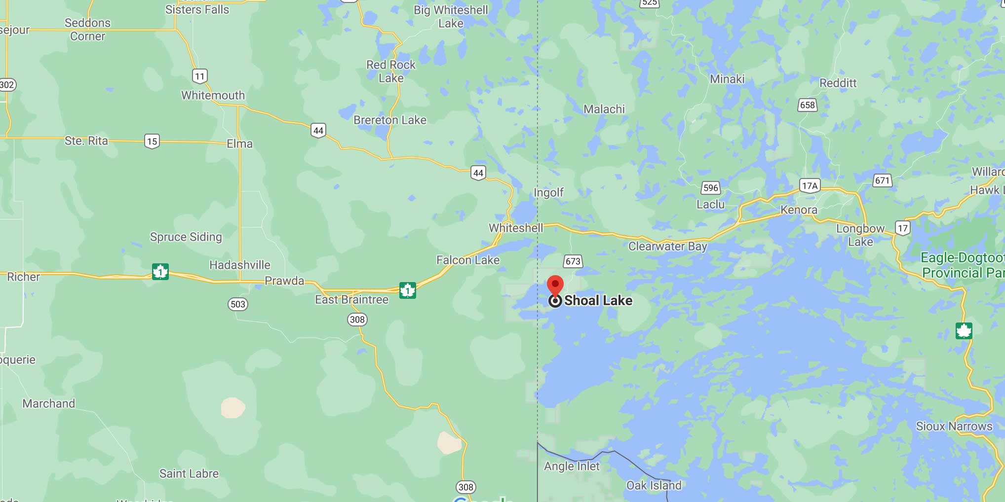 A map with Pioneer Camp Manitoba's location indicated. Links to Google maps directions.